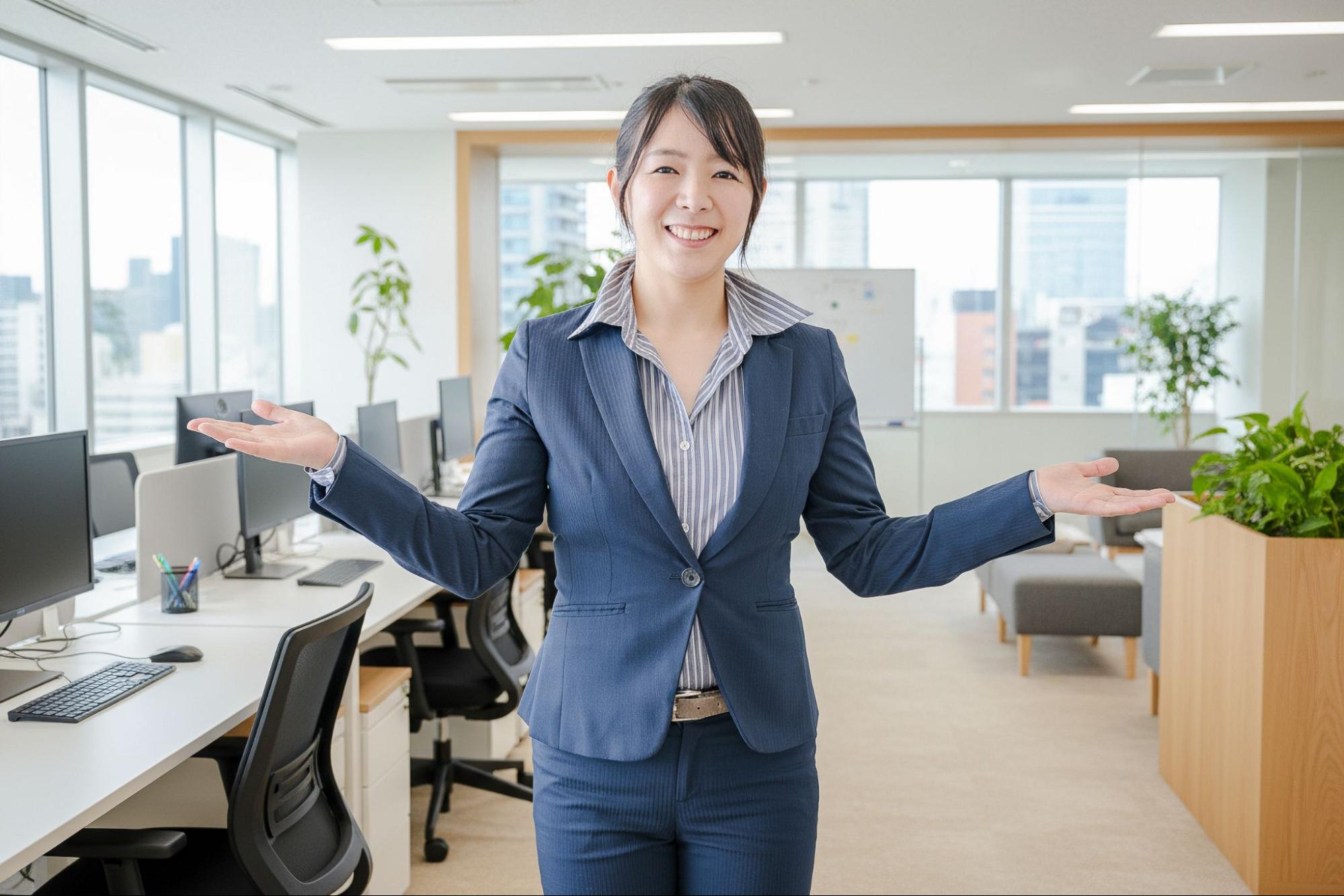 オフィスを案内しながら説明する女性